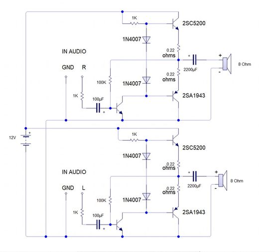 Stereo audio amplifier circuit